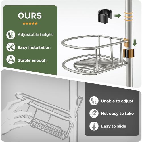 HAMITOR Corner Shower Caddy Tension Pole: 4-Tier Rust-Resistant Adjustable Bathroom Organizer Shelves - 47-121 Inch No-Drill Quick Installation - Space-Saving Storage for Renters Family -