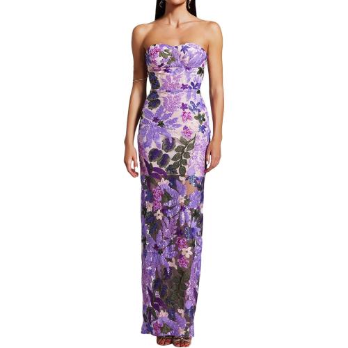 Size S ..BELLA BARNETT Purple Printed Floral Romantic Tube Sleeveless Sequin Dress Charming Stunning Maxi Birthday Bodycon Dress