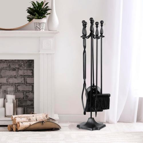 5 Pieces Fireplace Tools Sets Indoor Outdoor Wrought Iron Large Fire Place Set Tools, Fire Pit Tools with Poker Shovel Tongs Brush and Stand, Black