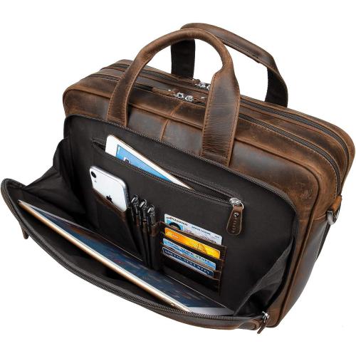 Dark Brown Augus Business Travel Briefcase Genuine Leather Duffel Bags for Men Laptop Bag fits 15.6 inches Laptop YKK Metal Zipper (Dark brown)
