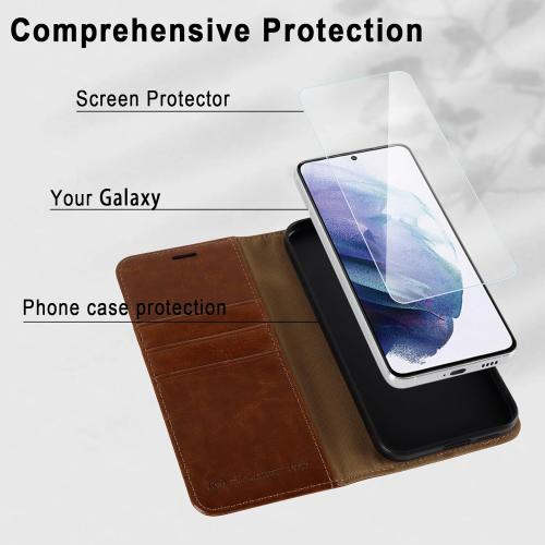 MONASAY Wallet Case Compatible for Galaxy S21 5G, 6.2 inch,[Screen Protector Included][RFID Blocking] Flip Folio Leather Cell Phone Cover with Credit Card Holder, Brown