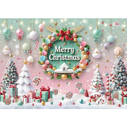 Merry Christmas Backdrop Cartoon Xmas Tree Garland Photography Background Xmas New Year  (8x6FT)