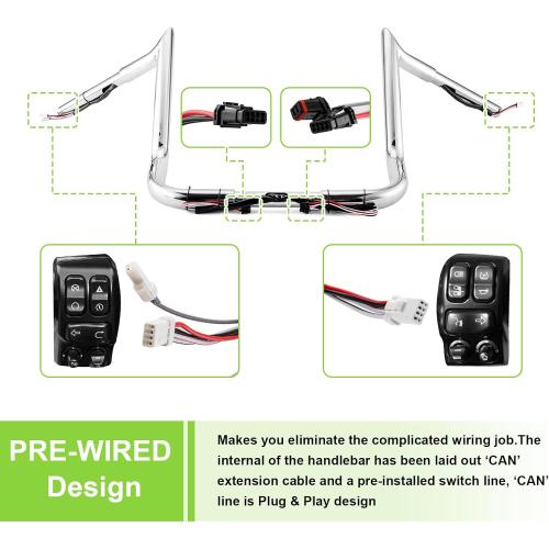 Mofun Chrome Pre-Wired Handlebar 1 1/4 Ape Hangers Meathook Ape Bar 12 Inch Compatible with Harley Touring Street Glide Electra Ultra Limited Tri Glide 2014-2020 2021 2022 2023