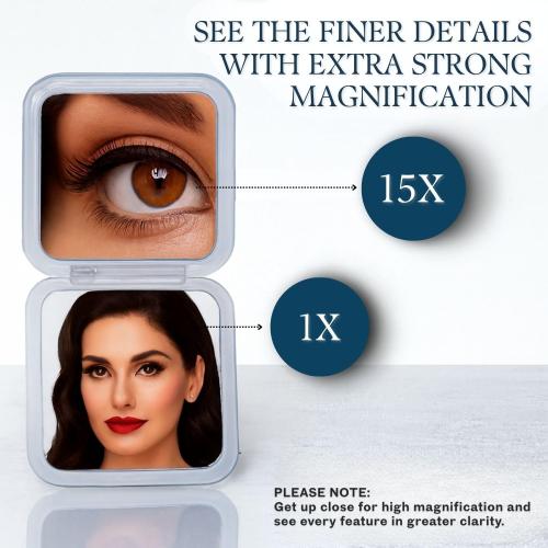 Small Compact 15X Magnifying Mirror for Travel - Handheld, Foldable & Lightweight - Mini Pocket-Sized Magnified Mirror for Purse - Square 3.3” x 3.3”