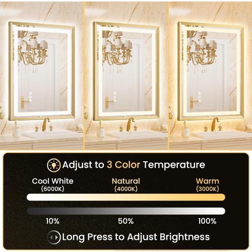 24x36 LED Mirror for Bathroom, Brushed Gold Metal Frame Mirror with Backlit   Front Lit, Bathroom Mirror with Lights, Anti-Fog, Dimmable, Lighted Mirror Tempered Glass(Horizontal/Vertical)