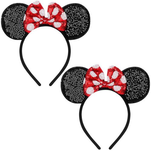 2 Pack Red Mouse Ears Headbands for Women Girls, Sequin Bow Headband for Cosplay Costume Birthday Party Decorations Hair Accessories