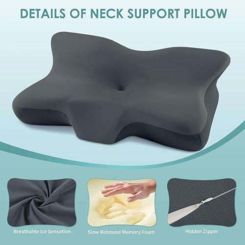 Cervical Neck Pillow, Ergonomic Memory Foam Cervical Pillows, Contour Side Sleeper Pillows for Adults, Orthopedic Neck Support Pillow for Back Stomach Sleeper with Removable Pillowcase (Dark Grey)