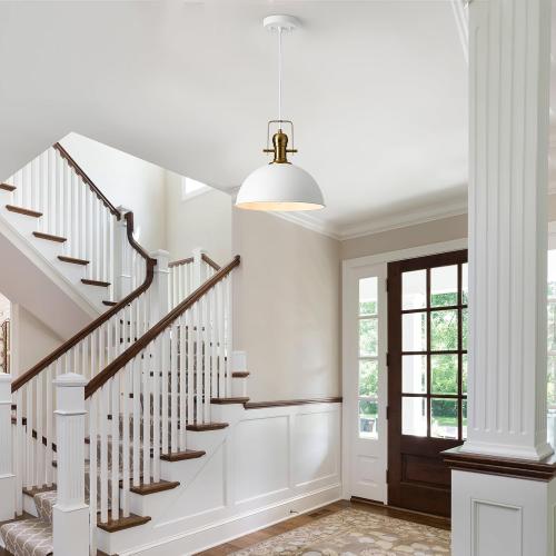 12 Inch Sandy White Farmhouse Pendant Lights for Kitchen Island Industrial Adjustable Height Vintage Dome Hanging Light Fixtures for Barn,Dining Room 1 Pack