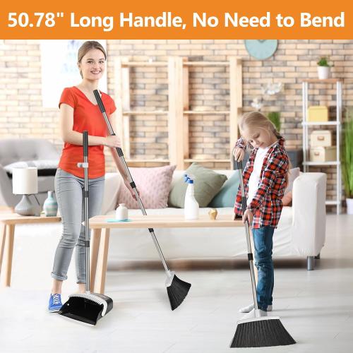 Broom and Dustpan Set, Heavy Duty Dust Pan with Long Handle 51 Inch Broom with Dustpan Combo Set Upright Self-Cleaning Dust Pan Home Kitchen Lobby Indoor Outdoor Sweeping Cleaning Tool - Gray***