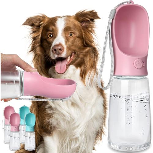 Kalimdor Dog Water Bottle, Leak Proof Portable Puppy Water Dispenser with Drinking Feeder for Pets Outdoor Walking, Hiking, Travel, Food Grade Plastic (19oz Pink)