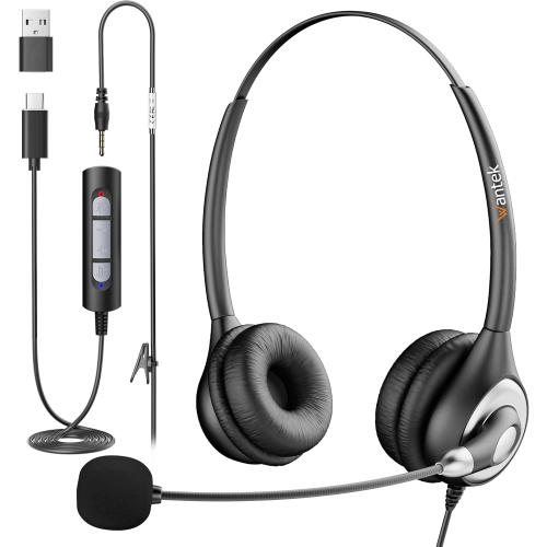 Wantek Headset with Microphone for PC, USB Wired Headphones - USB-C Over-Ear 3.5mm Headsets with Noise-Cancelling Microphone for Laptop - Computer Headphones with Mic in-line Control for Home