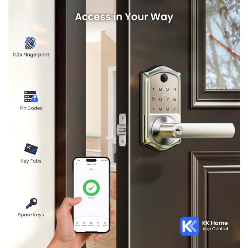 Veise VE019 Fingerprint Smart Lever Lock - APP Control, Keypad Door Lock with Handle, Keyless Entry for Front Door and Bedroom, Electronic Digital Knob, Remote Grant, IP55 Weatherproof, Satin Nickel
