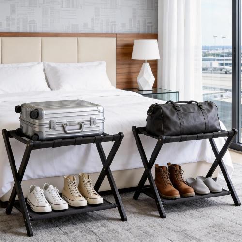 Fully Assembled Black Luggage Rack for Guest Room, Bamboo Folding Suitcase Stand with Fabric Storage Shelf, 5 Nylon Straps, Upgraded Luggage Rack Holder for Bedroom Hotel, Holds up to 165 Lbs, 1pcs