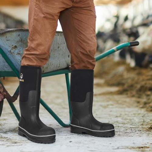 Size 9-10 Kalkal Steel Toe Rubber Boots For Men, Waterproof Rubber Work Boots With Steel Shank, Puncture-Proof Safey Composite Toe Hunting Boots for Farming, Gardening, Fishing, Outdoor Work