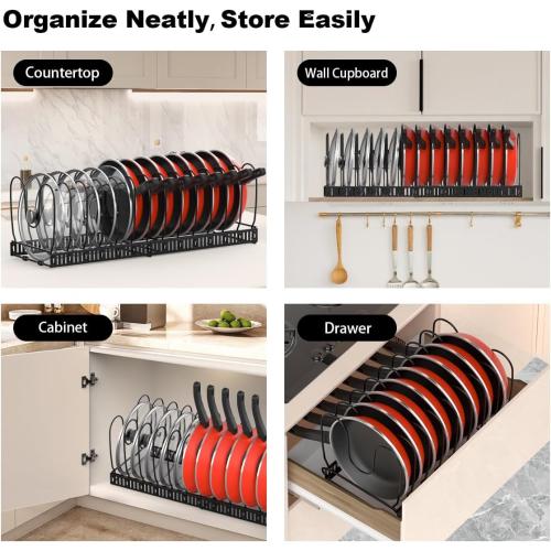Housolution Pot and Pan Organizer Rack for Cabinet, Expandable Pot Lid Organizer Holder with 14 Adjustable Dividers, Fully Expanded Size 22.83 W x 7.09 D x 7.09 H, Black