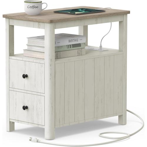 VASAGLE Side Table with Charging Station, Narrow Nightstand with 2 Drawers, Living Room End Table with Storage, for Small Spaces, Coastal Style, Vintage White and Heather Greige ULET322W73