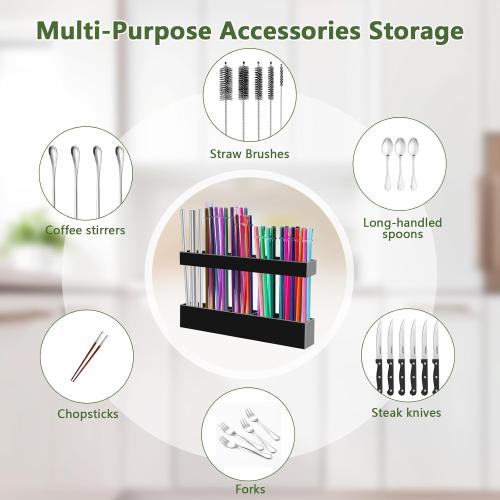 Malldii 9.5 Large Acrylic Straw Holder for Cabinet Door - Reusable Tumbler Straw Organizer Storage, Small Kitchen Accessories Container, Ultra Sticky Cupboard Door Mounted (Black)