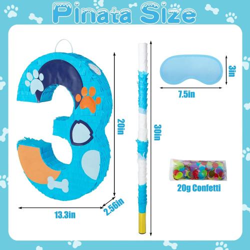 PCFING 20 Inch Dog Paw Number 3 Piñata with 30 Inch Piñata Stick Blindfold Confetti for Boy Girl Adults Birthday Party Decorations, Anniversary Celebration, Fiesta