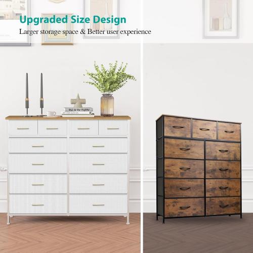 VASICAR White Dresser for Bedroom with 12 Deep Drawers, Wide Chest of Drawers, 55 TV Stand with Retro Wood Top, Tall Fabric Dresser for Closet, Nursery