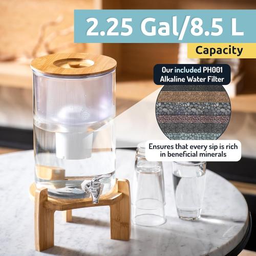 Invigorated Water pH Recharge Glass Alkaline Water Dispenser Filter System - Countertop Purifier Pitcher for Home and Office - High pH Pure Drinking Water Filtration - 36 Cups (Bamboo Classic Set)