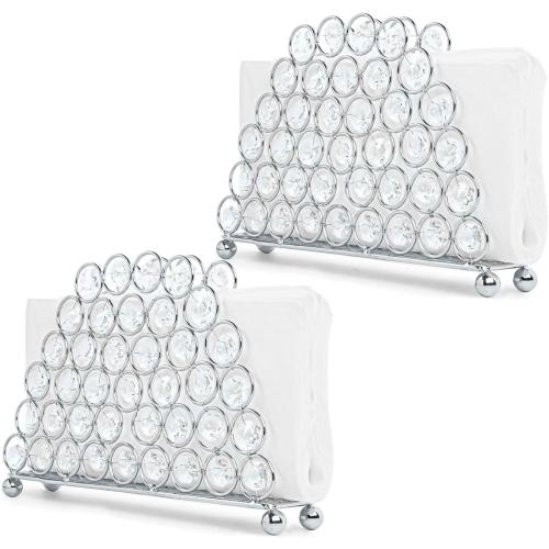 2-Pack Metal Crystal Silver Napkin Holders, Standing Tissue Dispenser & Card Organizer -7.9×4.9 Modern Table Organizer for Kitchen Dining Party Bathroom Decor