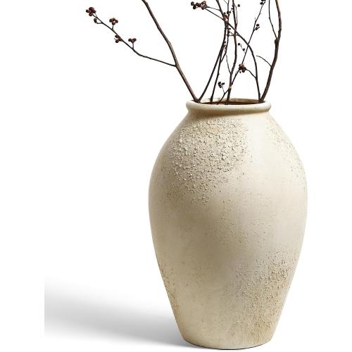 LE TAUCI Ceramic Flower Vase, 13.2 Inch Large Rustic Farmhouse Vase, Tall Floor Vase for Home Decor, Living Room Table & Mantel Centerpiece, Watertight & Sturdy, Matte Sandy Beige White