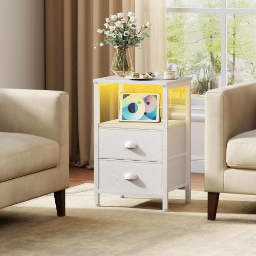 Furologee LED Night Stand with Charging Station, White Nightstand with Fabric Drawers, Bedside Table with Storage Shelf, End Table for Living Room/Bedroom/Dorm