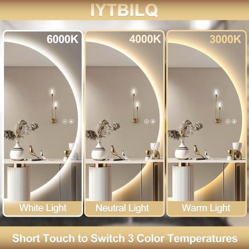 Size 32×16 Half Moon LED Mirror for Bathroom, LED Vanity Mirror with Anti-Fog, Backlit Bathroom Mirror with Lights, Irregular Round Smart Mirror with Dimmable 3-Color Lights,Tempered Glass