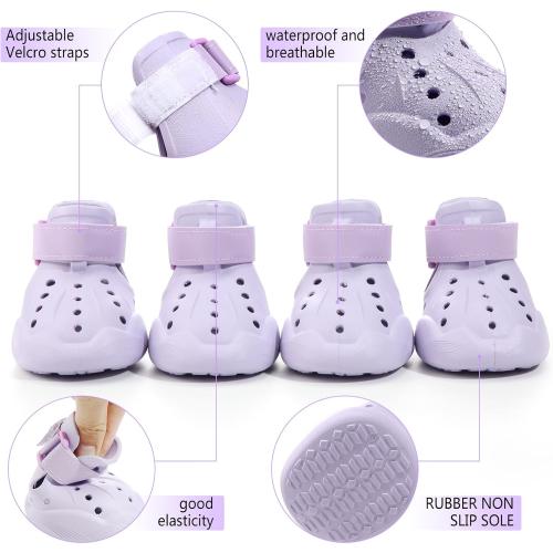 Dog Shoes, Dog Sandals for Hot Pavement, Non-Slip Waterproof Dog Booties for Winter Snowy Day and Summer, Adjustable Straps Easy-Clean Beach Outdoor Pet Boots Rugged Sole-4Pcs Purple