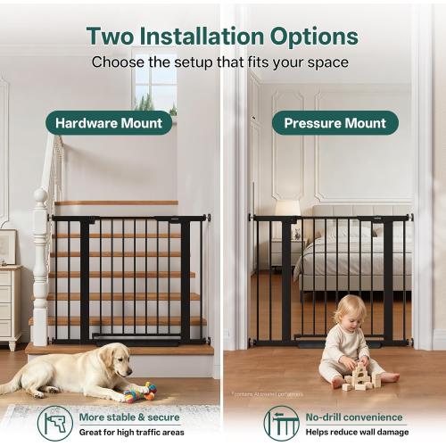 InnoTruth 27-36.6 in Wide Baby Gate for Stairs and Doorways, Indoor Metal Dog Gate for Pets, Auto Close 2 Way Swing Walk Through Door, Double Lock & Y-Bolts, Pressure or Hardware Mount, Black