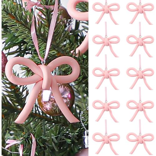 Weysat 12 Pcs Pink Bow Christmas Tree Ornaments Matte Clay Bow Coquette Tree Hanging Decorations for Garland Wreath Indoor Outdoor Xmas Decorations