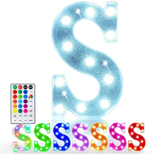 Pooqla Colorful Light Up Letters, Led Marquee Letter Light Sign Battery Powered, 18 Colors Lamp with Remote for Birthday Party Wedding Home Christmas Decoration, Glitter Silver Letter S