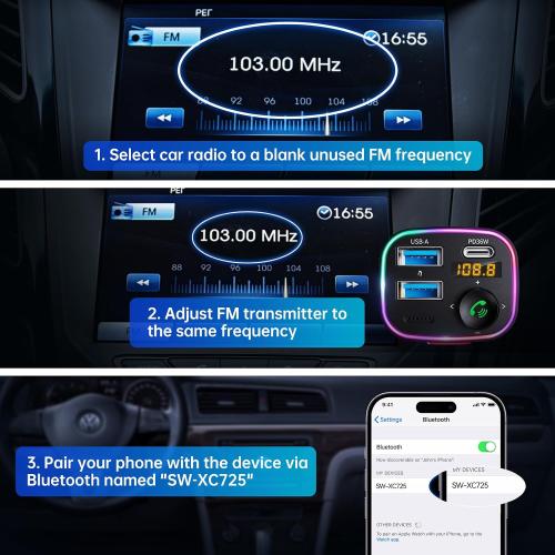 Syncwire Bluetooth 5.4 Car Adapter 48W FM Transmitter for Hands Free Calls | Light Switch, Fast Charge (PD 36W & 12W), HiFi Bass Sound, LED Display, USB Drive Support, Wireless Radio Music Adapter
