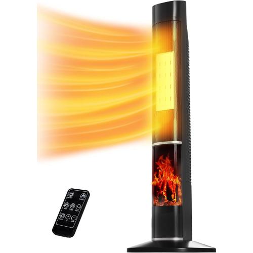 Space Heaters for Indoor Use, 32 Electric Heater With Flame for 400 Sq.ft Large Room, 1500W Portable Tower Ceramic Room Heater With 24 H Timer, Remote, 80°Oscillation, 3 Modes for Bedroom