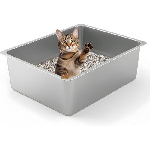 Kirecoo Stainless Steel Cat Litter Box - Metal High Sided Cat Pan, Large Stainless Steel Box, Indoor Litter Tray, Non Stick, No Smell, Easy to Clean, Pet Toilet Supplies for Kitten, Kitty, Rabbit