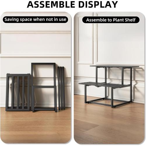 Heavy Duty Plant Stand Indoor Outdoor, Foldable Metal Plant Shelf for Multiple Pots, Mid Century Slatted Bench for Patio Garden, 2 Tier Black
