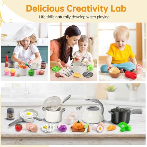 100Pcs Kitchen Playset, Kids Pretend Cooking Play Pots, Pans, Utensils, Cookware, Toy Food Fruits Veggies, with 2 Large Apple - Shaped Storage, Toddler Cooking Learning Gift (White)