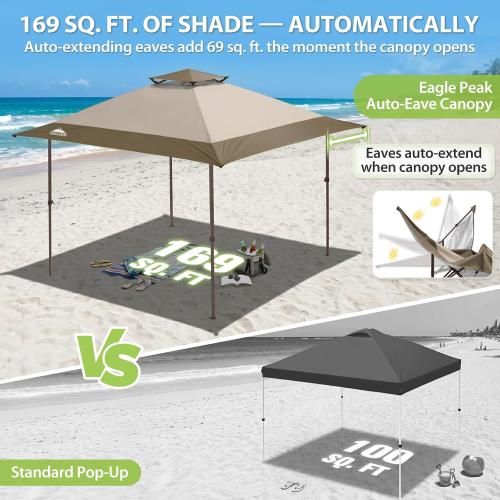 EAGLE PEAK 13x13 Straight Leg Pop Up Canopy Tent Instant Outdoor Canopy Easy Single Person Set up Folding Shelter w/Auto Extending Eaves 169 Square Feet of Shade (Beige)