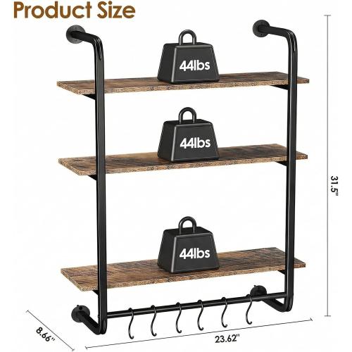3 Tier Industrial Pipe Floating Shelf, 24 Kitchen Wall Shelves with Towel Bar & 6 Hooks, Coffee Bar Shelves Display Bookshelf Wall Shelf for Kitchen, Bathroom, Home Décor, Rustic Brown