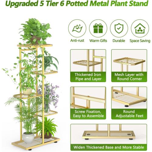 5 Tier 6 Potted Gold Plant Stand Indoor Outdoor with Gardening Tools and Gloves, Upgraded Corner Metal Plant Rack Units Shelf for Multiple Plants, Flower Pot Holder Display for Patio, Balcony, Living