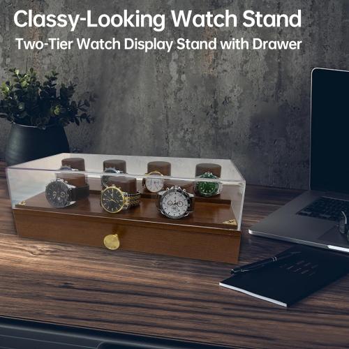 Holmes and Hadfield Wooden Watch Case, 2-Tier Watch Display Case Watch Box for Men, Watch Display Stand with Drawer Watch Collection Storage Watch Holder, brown