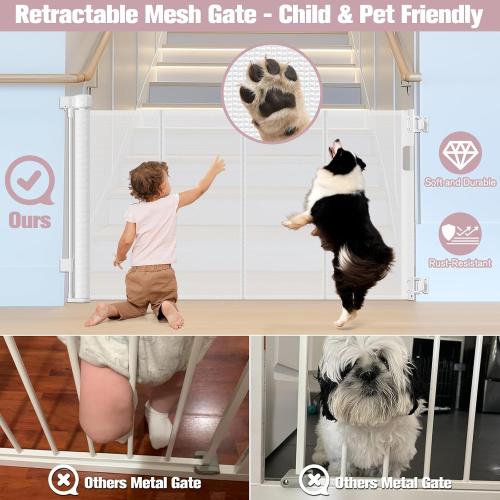 56 Inch Wide Retractable Dog Gate with Reinforced Strip, Retractable Baby Gate for Stairs to Prevent Crawling Under, Retractable Pet Gate for Stairs, Dog Gates for Doorways Mesh Gate for Pets, White