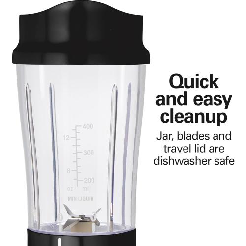 Hamilton Beach Portable for Shakes and Smoothies, 14 Oz BPA Free Travel Cup & Lid, Durable Stainless Steel Blades, Personal Smoothie, Black (51101AG)