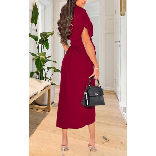 Size L YouSexy Women's Casual Satin Button Down Shirt Dress Short Sleeve Ruched Maxi Dresses with Belt