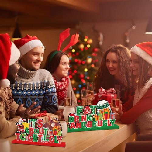 4Pcs Ugly Sweater Christmas Party Decorations Wooden Table Centerpiece Ugly Sweater Party Table Decorations Lets Get Ugly Tabletop Tiered Tray Decor for Holiday Xmas Party Supplies