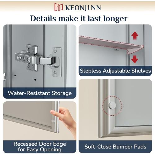 Keonjinn 20 x 26 Inch Medicine Cabinet for Bathroom, Silver Mirrored Medicine Cabinet, Assembly Required, Freely Adjustable Shelves, Tempered Glass, in Wall or Surface Mount