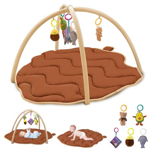 Baby Play Gym Mat, Tummy Time Mat with 5 Detachable Toys, Oversize Cute Pinecone Shape, Large Sensory Playmat for Floor, Newborn Infant Baby Essentials Shower Gift 6-9-12 Months, Brown