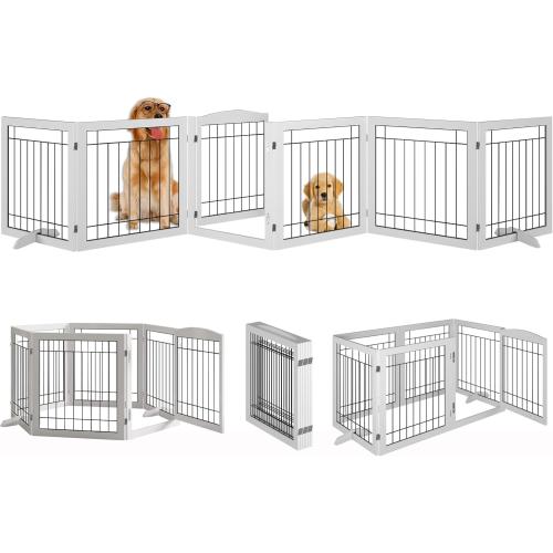 Vantas Folding Pet Gate 144 Wide, 30 Tall No-Assembly Wooden Dog Gate with Door Walk Through, Freestanding Wire Pet Gate, Pet Puppy Safety Fence, with 2PCS Support - White