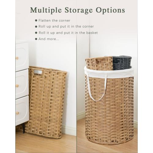 SETVSON Laundry Hamper with Lid 23.8 Gal (90 L) PE Rattan, Natural | 90L 23.8 Gal Round PE Rattan Hamper with Lid, Removable Washable Liner Bag, 2 Mesh Wash Bags, Steel Frame, Handles