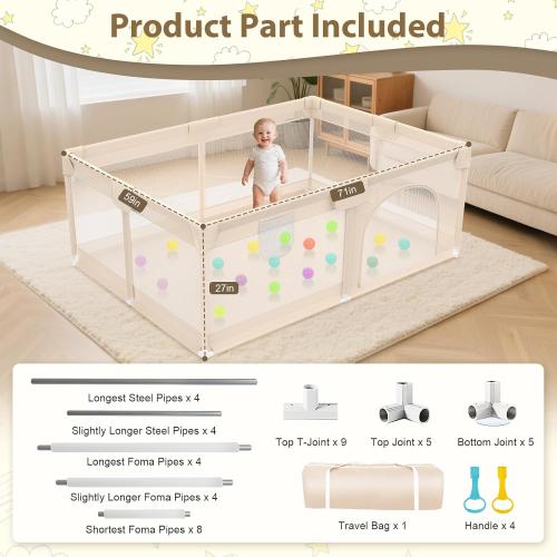 Playpen for Babies and Toddlers 71x59inch - Extra Large Baby Gate Play Pen with Soft Breathable Mesh Cover - Indoor and Outdoor Baby Play Fence - Portable Playpen for Babies (Apricot)